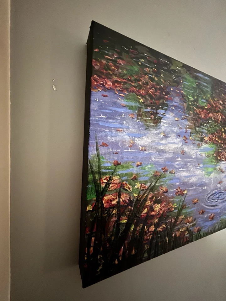 印象派绘画池塘带叶子 18x14 英寸拉伸帆布签名 — 第 2/4 张图片