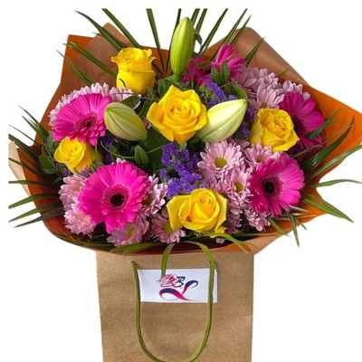 Frühling Symphonie frische Blumen Geschenk - Rose, Lilie, Gerbera Gesteck für