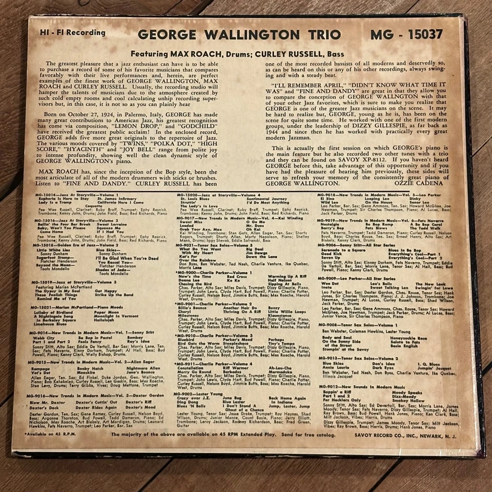 George Wallington Trio VG++ 1st DG Savoy 10” lp 15037 - Image 2 of 4