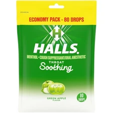 Halls Throat Soothing Green Apple Cough Drops, Economy Pack, 80 Drops