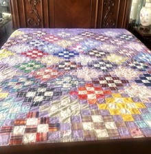 VTG Handmade Patchwork Quilt 90  x90  Purple Multicolor Floral Geometric Blanket