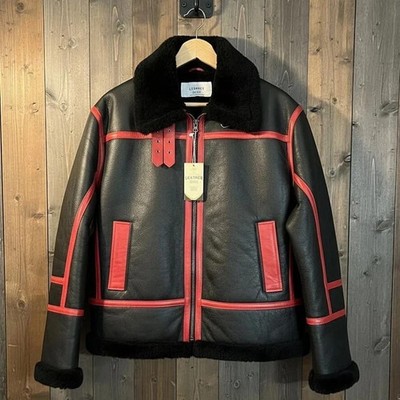 Men's Black Shearling B3 Bomber Jacket Leather Sheepskin Aviator Coat Red Trim