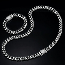 Men Miami Cuban Link Bracelet  Chain Set Stainless Steel 8mm-14mm Via CZ Clasp