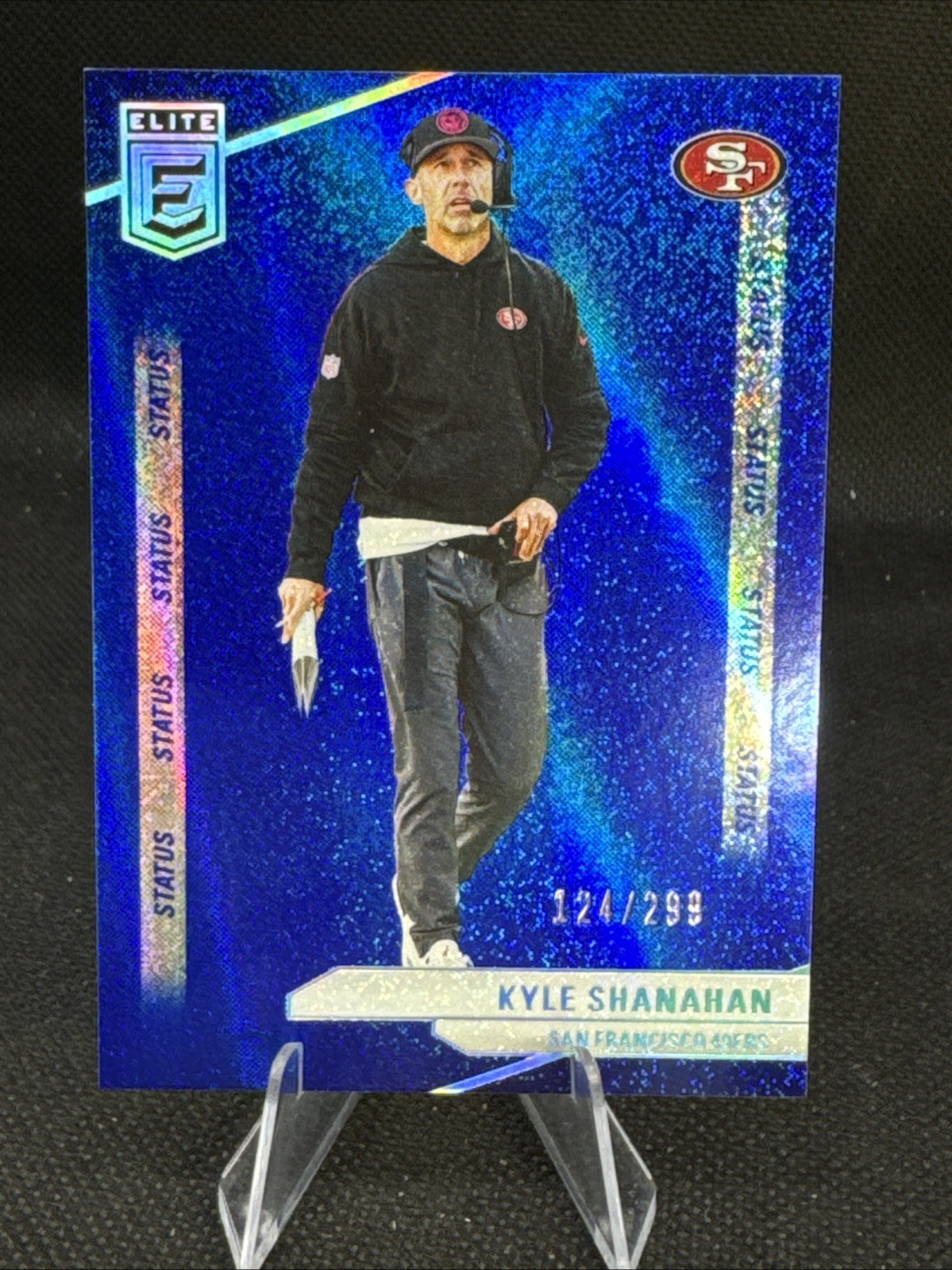 2024 Donruss Elite Kyle Shanahan 🏈 #17 Blue Status Sparkle SP #'d /299  NINERS
