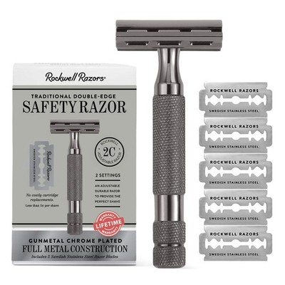 2C Gunmetal Chrome Double Edge Safety Razor With Adjustable Shave Settings an...