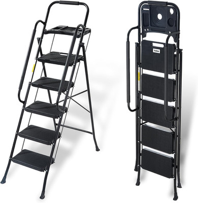 5-Step Folding Ladder with Handrails, 500 Lbs Capacity, Anti-Slip Pedal, Black