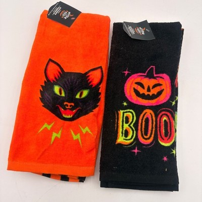 Hyde and Eek Halloween Kitchen Towels Black Cat Jack-O-Lantern Orange Black