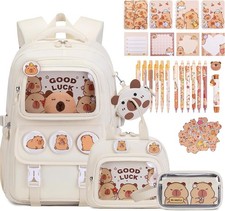 Beige Capybara Backpack for School Girls - 30PCS - Beige with Stationery