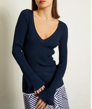 INTERMIX Penny Ribbed Bell Sleeve Knit Top in Navy Blue Size S