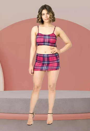 Red Tartan Check Crop Top & Bodycon Mini Skirt Set Stretch Co-Ord DW0101