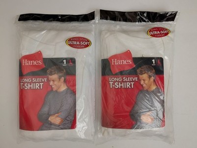 2-Pack Hanes Tagless Long Sleeve T-Shirts Tees - Large - White -Ring Spun Cotton