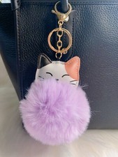 Calico cat bag charm Pom Pom Keychain Purple Fluffy cute kawaii Christmas Gift