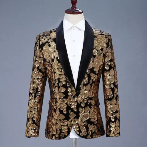 Men Sequin Shawl Lapel Suit Jacket Velvet Floral Blazer Wedding Prom Coat Tops - Picture 15 of 21
