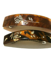 Womens 2 French Barrette Brown Tortoiseshell Pattern Crystal Floral Hair Acrylic