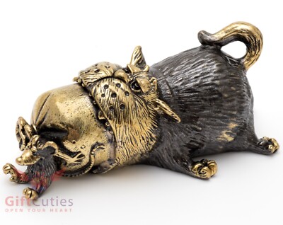 Brass Figurine of Cat eating salami  & mouse helper  IronWork
