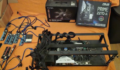 Mining Rig 8GPU Asus z270a 4GB RAM Pentium G465 eVGA 850W NT 120GB SSD Kabel