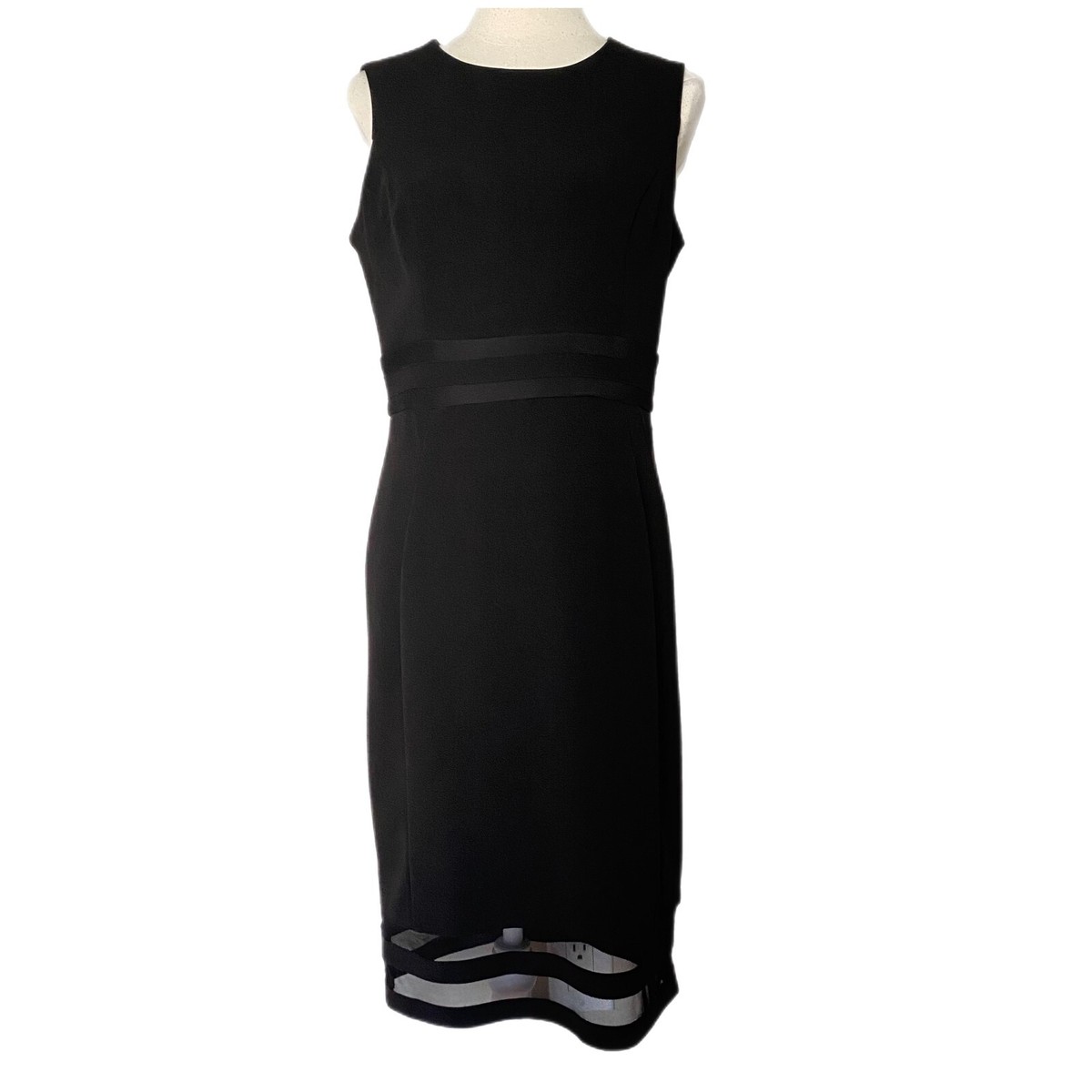 calvin klein sheer stripe dress Calvin Klein Black Sleeves Ribbon Waist Sheer Striped Hem Shift Dress Size  10