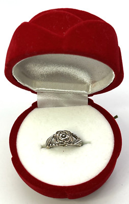 Neu AVON geschnitzte ROSE massiv Sterling Silber 925 RING Gr. 5 ROTER SAMT BLUMENBOX