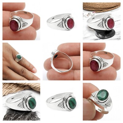 Gift For Woman Girls 925 Sterling Silver Natural Emerald Ruby Gemstone Band Ring