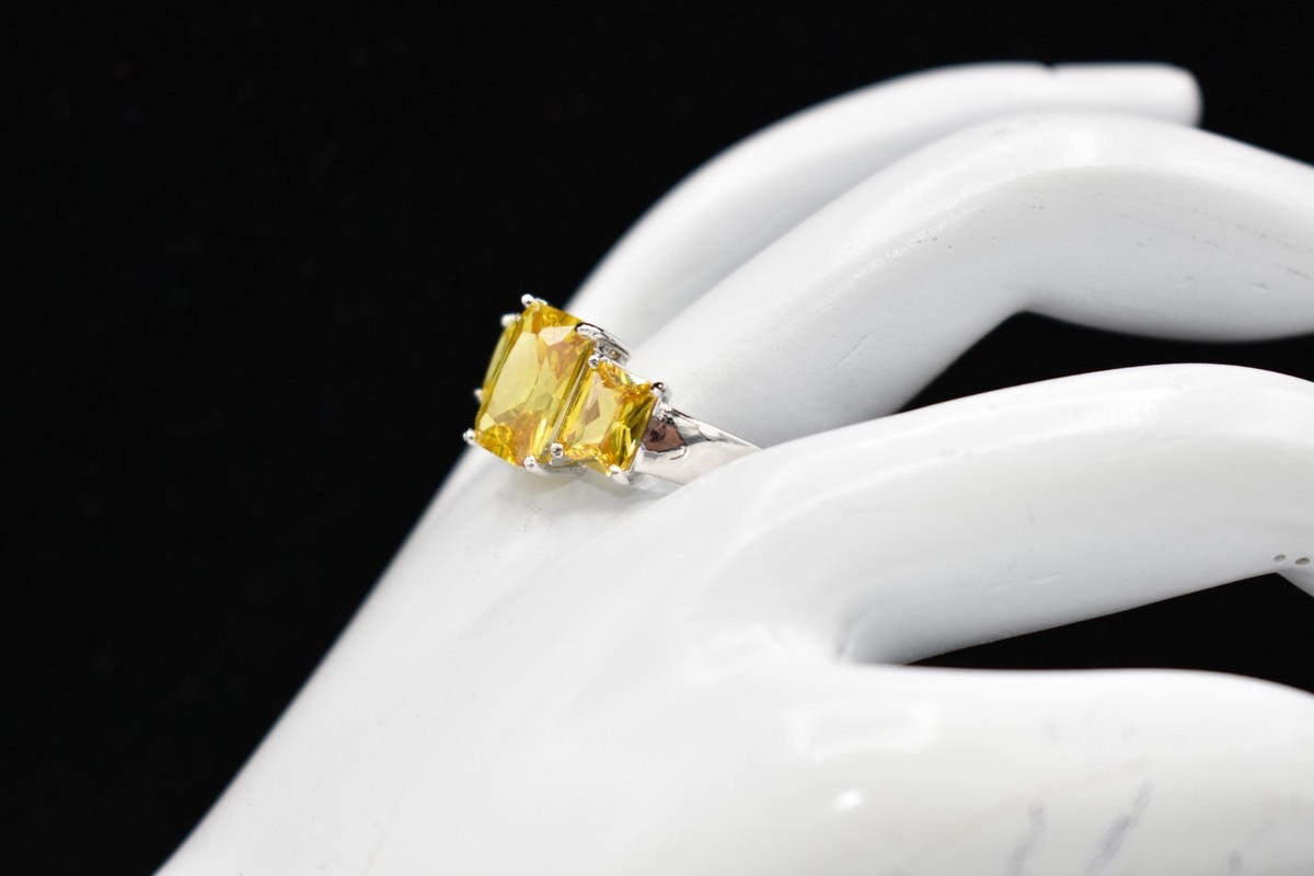 925 Sterling Silver CZ Yellow Rhinestone Crystal Ring 10