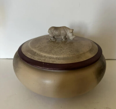 vintage pottery Vessel With Lid Rhinoceros Signed Steven Kaye