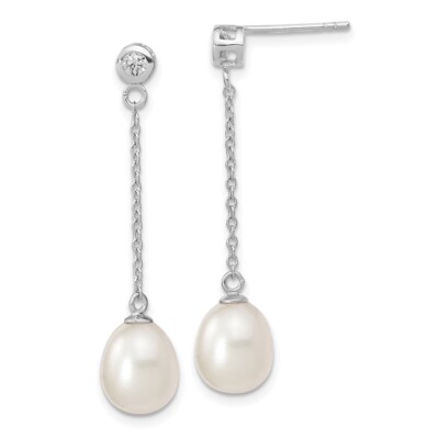 38mm 925 Silver 8-9mm Rice Freshwater Cultured Pearl CZ Post Dangle Earrings