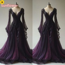 Gothic Wedding Dresses Long Sleeves V Neck Lace Appliques Ruffles Bridal Gowns