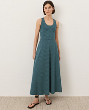 Pact Organic Fit Flare Open Back Maxi Dress Ditsy Dot Floral Deep Aqua