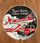 Vintage Coca Cola Aviation Porcelain Sign “Your Thirst Takes Wings” 10”