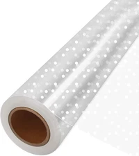 100' Long X 35” Wide Clear Cellophane Wrap Roll with White Dots - 3 Mil Thicker