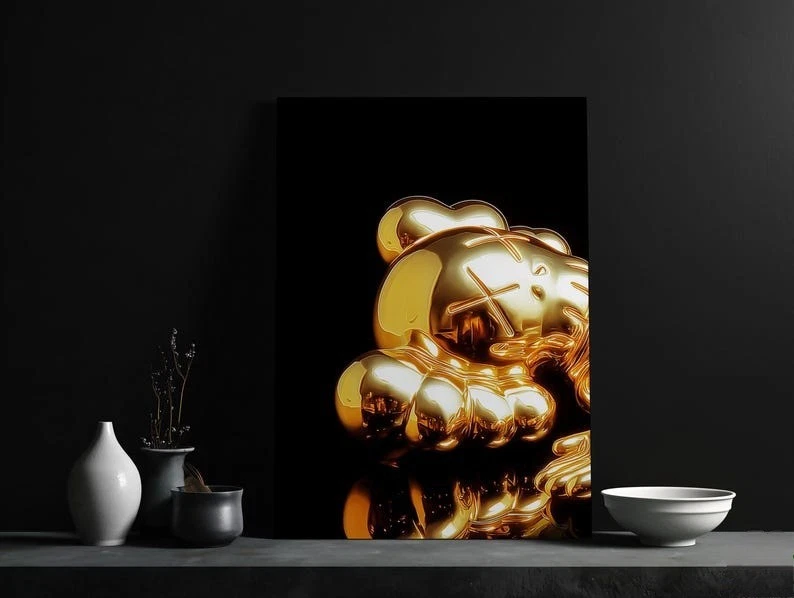 Set of 3 Gold Kaws Laying Art pieces canvas wall home decor Portrait Gallery - Image 3 of 4