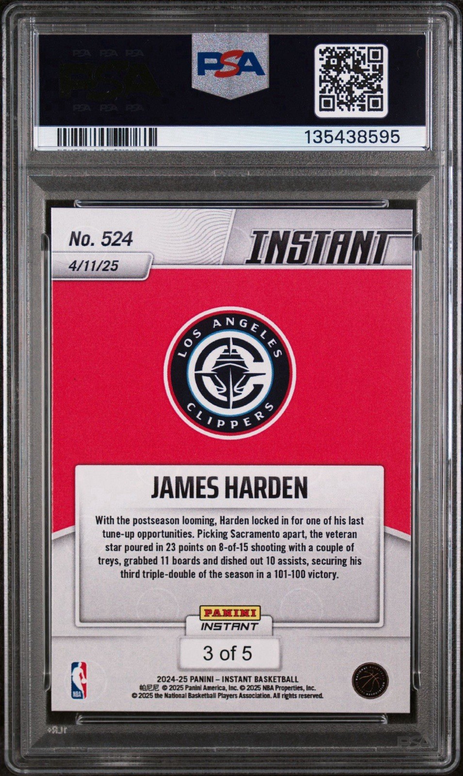 2024 PANINI INSTANT NBA JAMES HARDEN WHITE TIGER #3/5 PSA 10- LA Clippers view 2