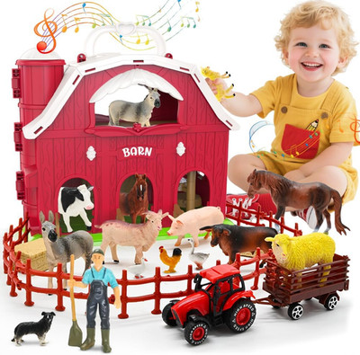 Red Barn Toys for Toddlers 1-3, Farm Animal Figures Playset with Tractor for 2 3