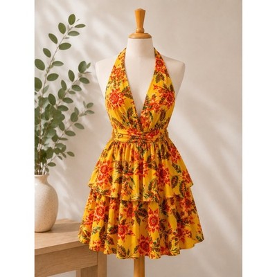BCX Womens Yellow Tropical Floral Halter Tiered Mini Dress 1103W4A Medium NWT