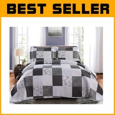 King Floral Patchwork Quilt Set - Grey  Black White Paisley