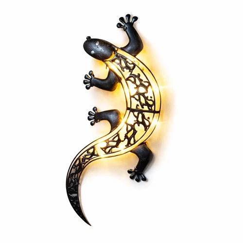 Solar Powered Gecko  Metal Wall Art Bright LED Light Garden Outdoor Decoration