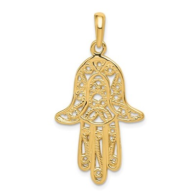 14k Yellow Gold Hamsa Hand Pendant Filigree Amulet Jewelry for Protection Women