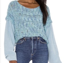 Free People Women s Blue Honey Cable Knit Boxy Fit Pullover Sweater Sz XS