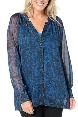 Susan Graver Women's Printed Woven Blouse w/ Lurex Knit Cami Royal