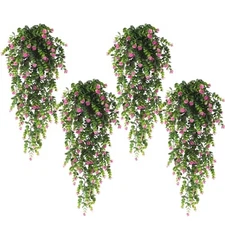  4Pcs Fake Eucalyptus Leaves with Hanging Eucalyptus With Flowers Fuchsia