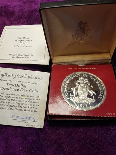 Ten-Dollar proof silver coin from the Bahamas, Independence Day in 1973