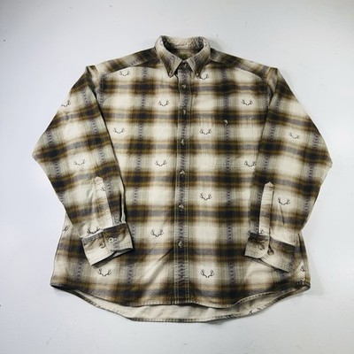 Cabela's Earthtone Plaid Deerskin Chamois Flannel Antlers Men's Size Large