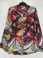 Cocoon House Womens Size M Red Silk Button Up Long Sleeve Printed Shirt Top (M3)