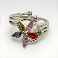 925 Sterling Silver Multi Gemstone Flower Statement Ring Size 8