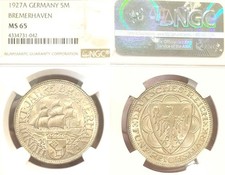 Germany 1927 A 5 Marks, Bremerhaven, Gem BU, NGC 65 PQ, Rare Grade, Low Mintage