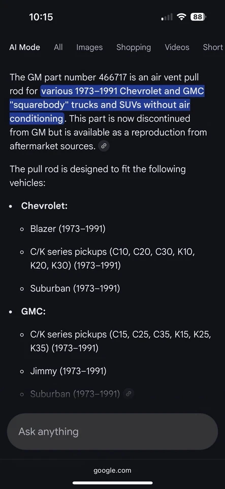 New OEM GM 466717 Kick Panel Air Vent Pull Rod 73-91 Chevy GMC Square Body Truck - Image 2 of 4