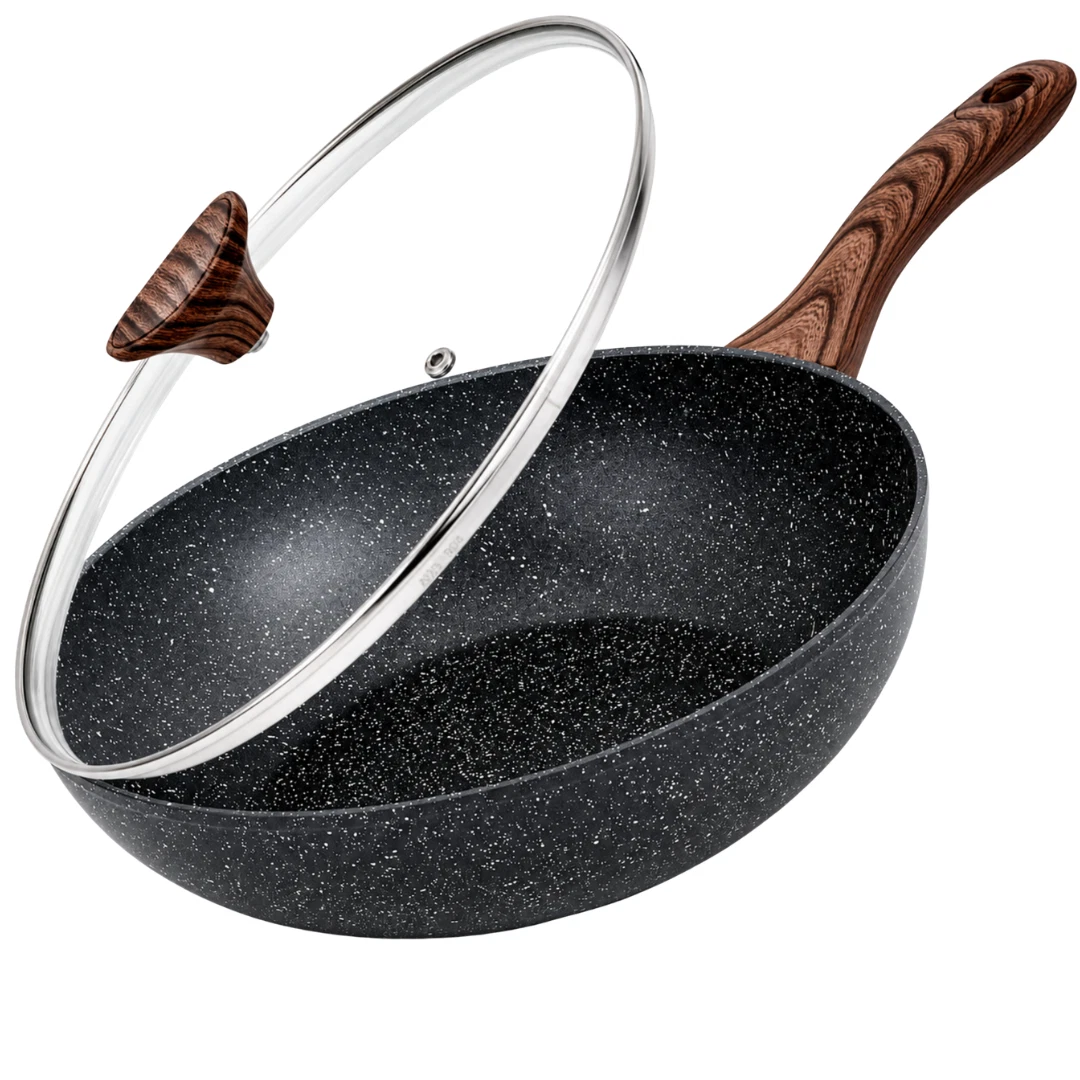 Wok and stir fry pan with glass lid