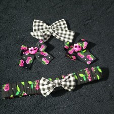 Girls Handmade Bow Hair Clip Headband Set Black Pink Check Fruit Polka Dot