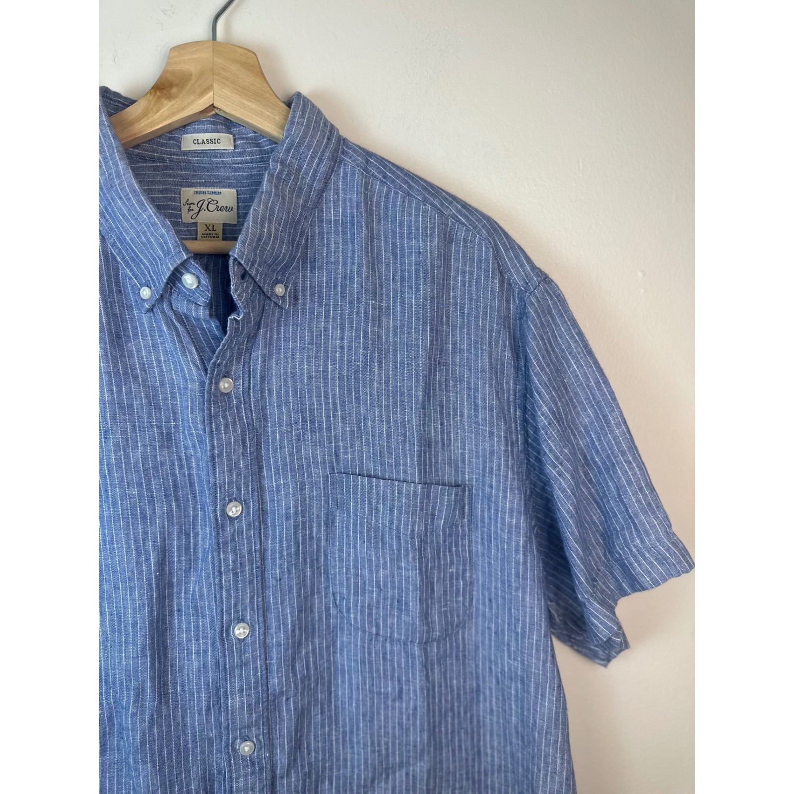J Crew Irish Linen Shirt Mens XL Blue White Pinstripe Baird McNutt Short Sleeve