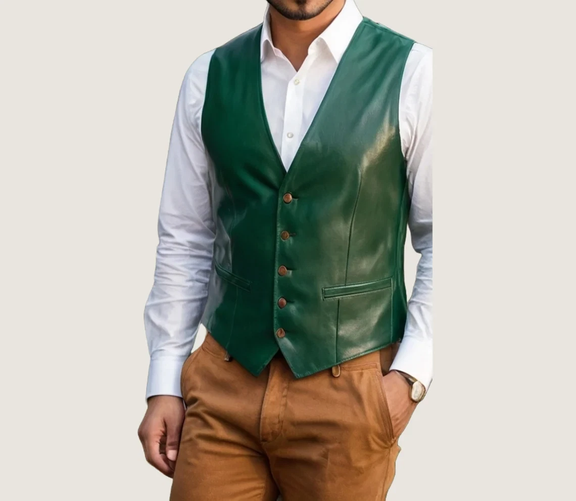 Leather Vest for Men Green Lambskin Size XS S M L XL XXL 3XL Custom Made